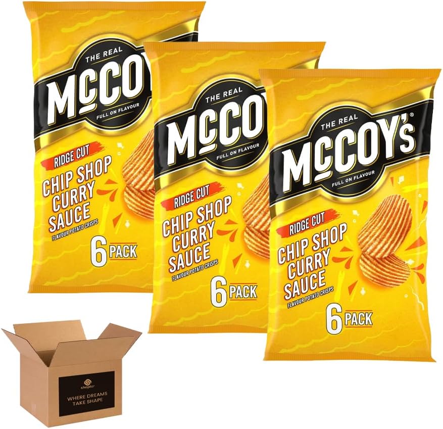 McCoy’s Crisps Multipack 6 Packs in 1 Pack– Crisps in Bold Flavours – Lunchbox Snacks, Party Sharing, Flavor Snack Variety | Crunchy Snacks for All (Pack 3, 6xChip Shop Curry Sauce)