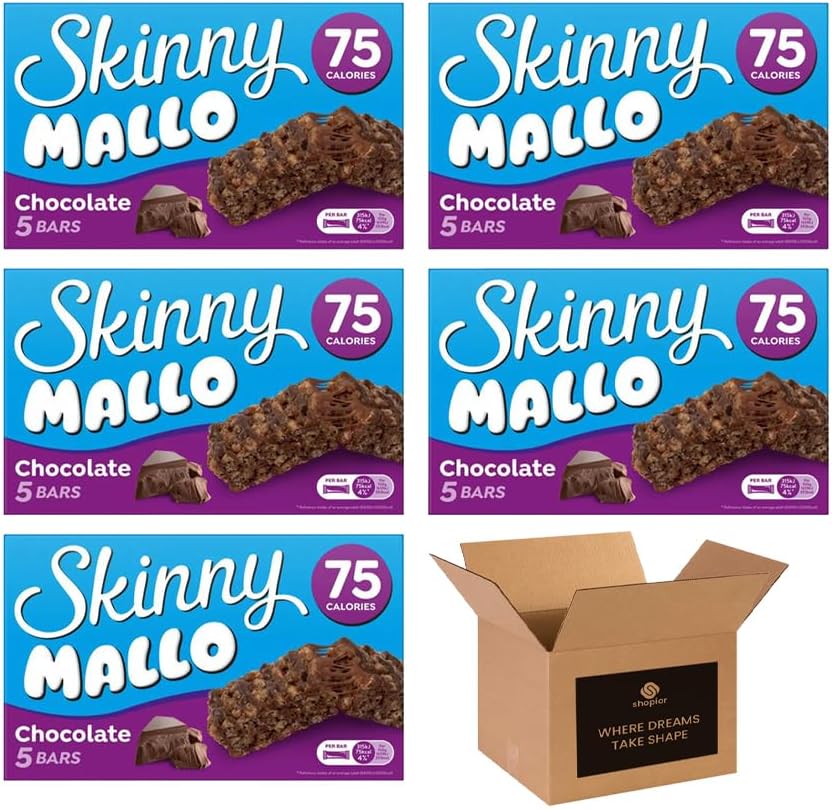 5 × Skinny Mallo Bars – Low Calorie Marshmallow Cereal Bars | Under 70 Calories Sweet Snack Treats for Kids & Adults, Healthy Snack Bars for Lunchboxes | (Pack 3(15 Bars), Vanilla)