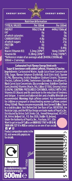 Rockstar, Punched Energy Drink Tropical Caffeinated Drink with Taurine Guarana Ginseng BVitamins 500 ml cans, Guava (Pack of 12)