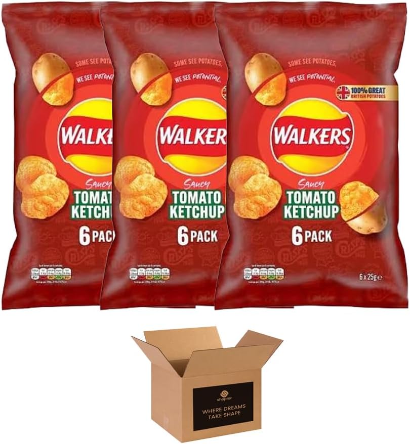 Walkers Crisps Variety Multipack | Assorted Flavours – Classic British Snack Box for Sharing, Lunchbox & Traveling – Family Party Pack Flavored Crispy Snacks (Pack 3, 6xTomato Ketchup 25g)