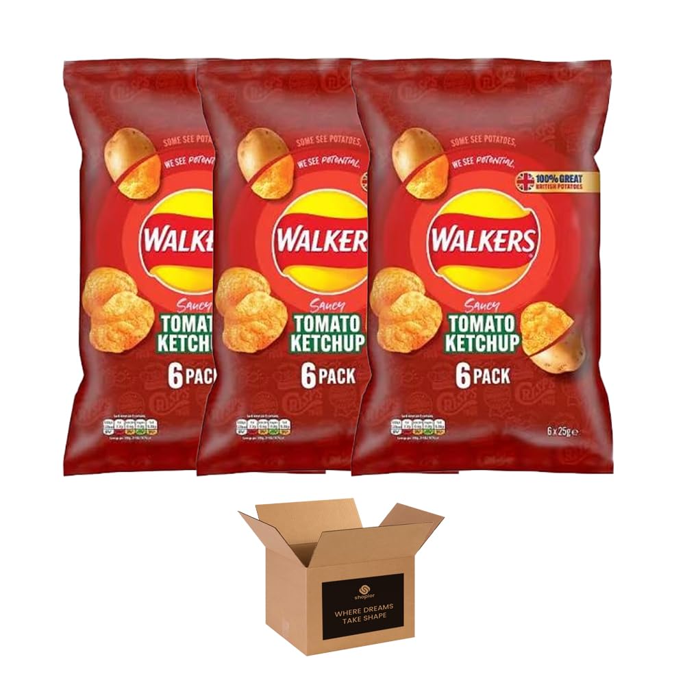 Walkers Crisps Variety Multipack | Assorted Flavours – Classic British Snack Box for Sharing, Lunchbox & Traveling – Family Party Pack Flavored Crispy Snacks (Pack 3, 6xTomato Ketchup 25g)