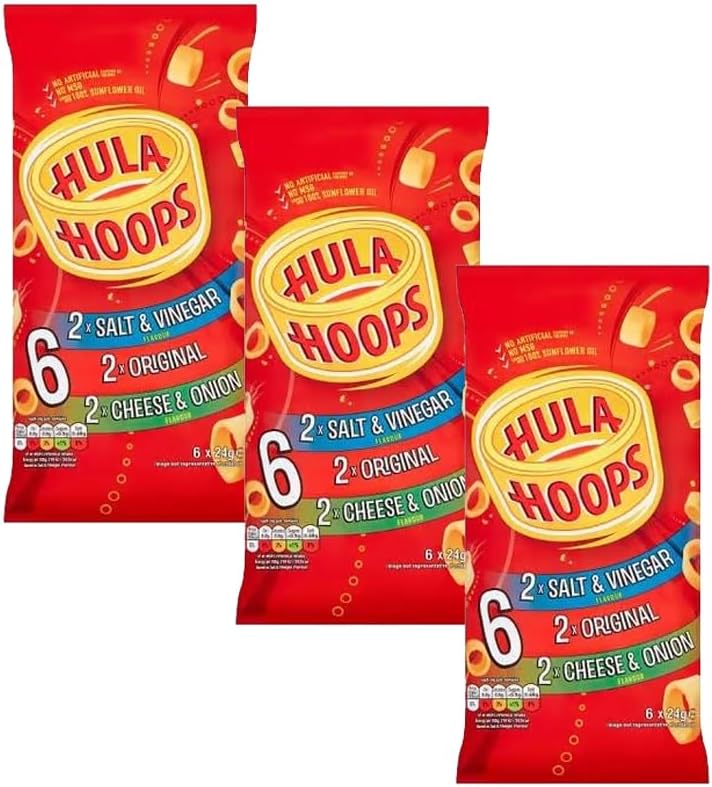 Hula Hoops Crisps Variety | BBQ, Cheese & Onion, Original, Ready Salted, Salt & Vinegar – Classic British Crisps | Flavored Snack Lunchboxes (Pack 3, 2xSalt & Vinegar-2xOriginal-2xCheese & Onion)