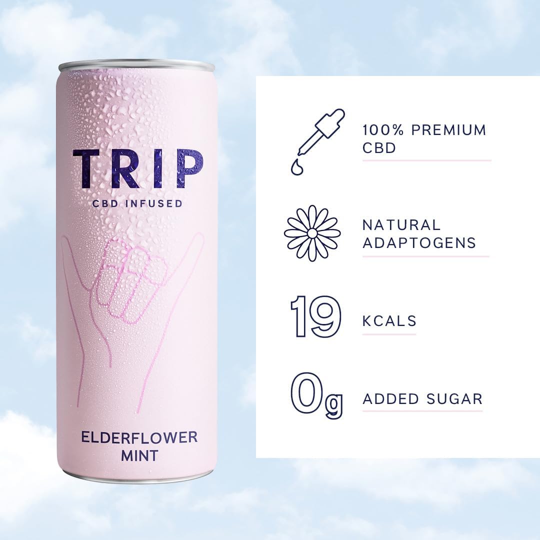 TRIP CBD Drink, Sparkling Elderflower Mint Fizzy Drink, Low Calorie, Vegan, 250 ml (Pack of 12)