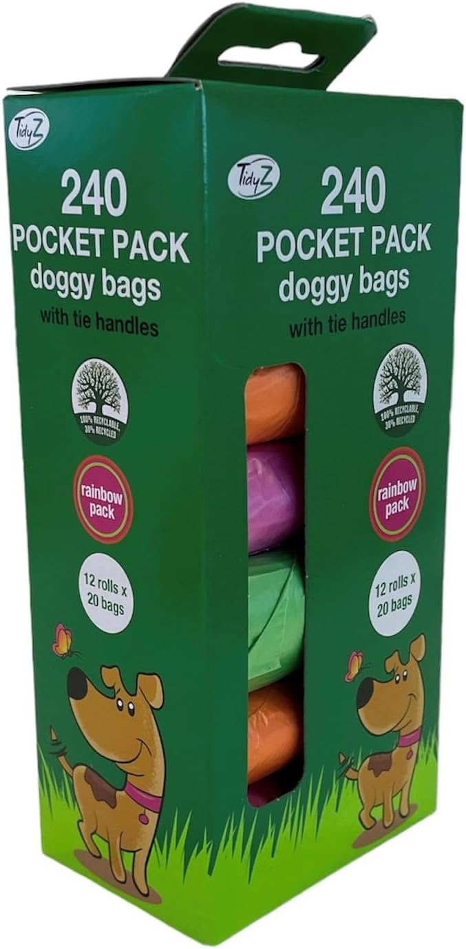 TidyZ 240 DOGGY BAGS WITH TIE HANDLES, POCKET PACK, RAINBOW COLOURS (12 rolls of 20 bags)