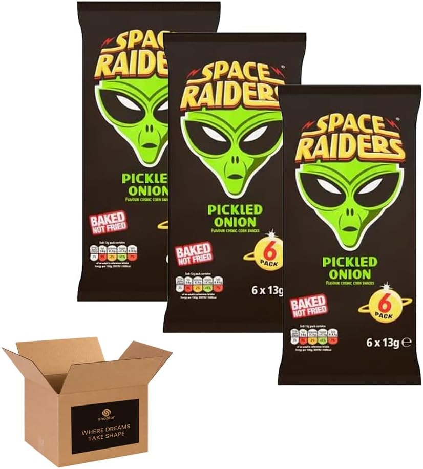 Space Raiders Crisps 6 Pack in 1 Pack – Beef/Onion Classic Retro Crisps Snack Packs for Lunchboxes, School, Work, Picnics & Sharing – Bold Flavour Crunchy Snacks (Pack 3, 6xBeef)