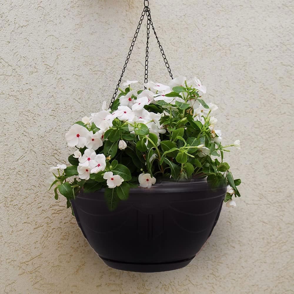 Flower and Herb Plastic Hanging Basket | Plant Saucer for Indoor Outdoor | Wall Planters | Plant Pots for Succulents | Hanging Flower Pots for Garden, Balcony - 32cm (Black - Pack 1)