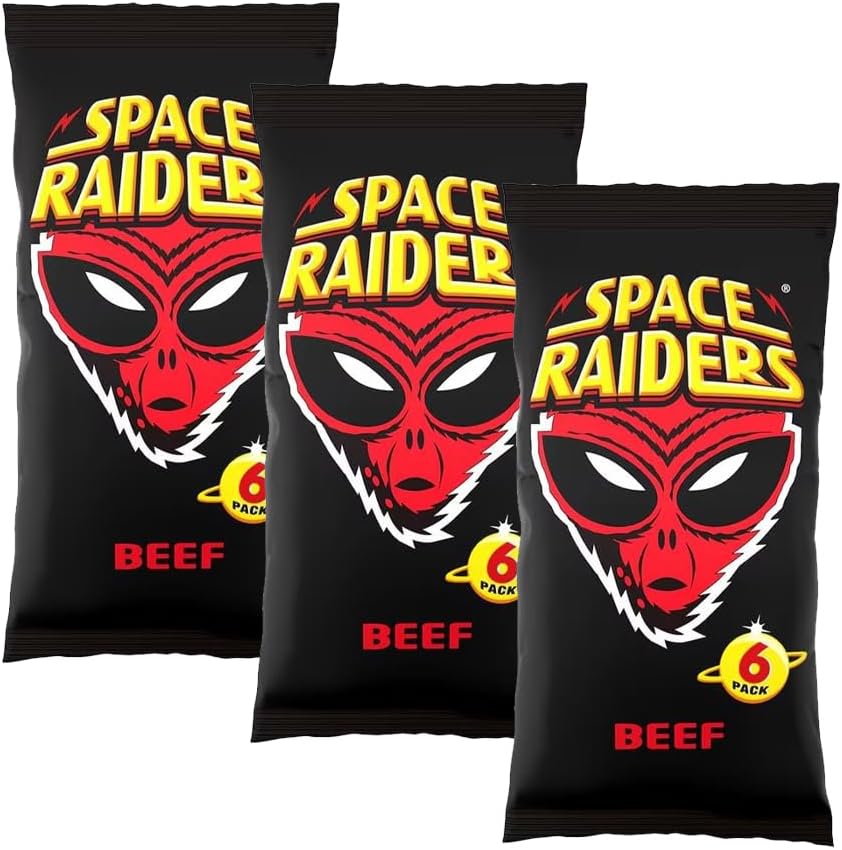 Space Raiders Crisps 6 Pack in 1 Pack – Beef/Onion Classic Retro Crisps Snack Packs for Lunchboxes, School, Work, Picnics & Sharing – Bold Flavour Crunchy Snacks (Pack 3, 6xBeef)