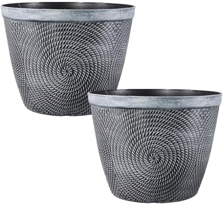 shopior Round Grey Plastic Plant Pot with Spiral Glossy Effect – Outdoor & Indoor Planter with Drainage Holes | Frost Proof Garden Flower Pot – Decorative Modern Patio Plant Container (23cm-Pack 2)