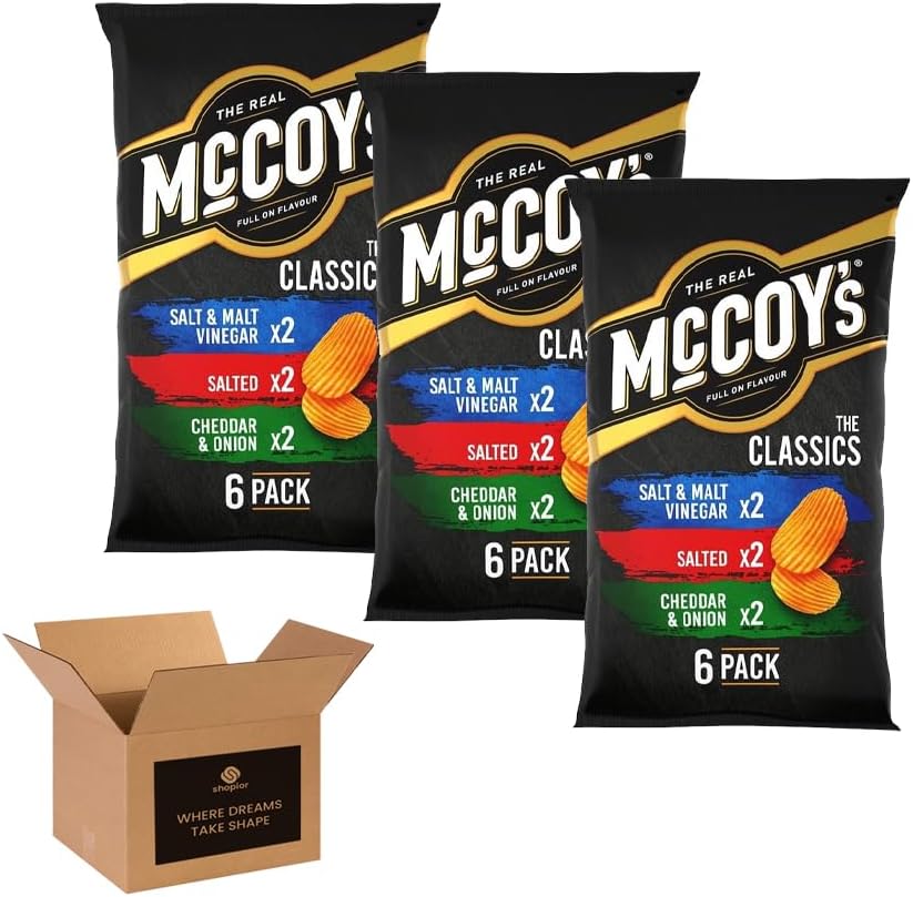 McCoy’s Crisps Multipack 6 Packs in 1 Pack– Crisps in Bold Flavours – Lunchbox Snacks, Party Sharing, Flavor Snack Variety | Crunchy Snacks for All (Pack 3, 6xChip Shop Curry Sauce)