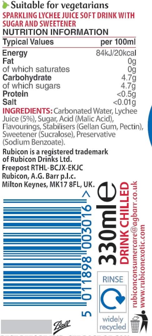 Rubicon Sparkling Lychee Juice Drink Cans, 24 x 330 ml (Packaging May Vary)
