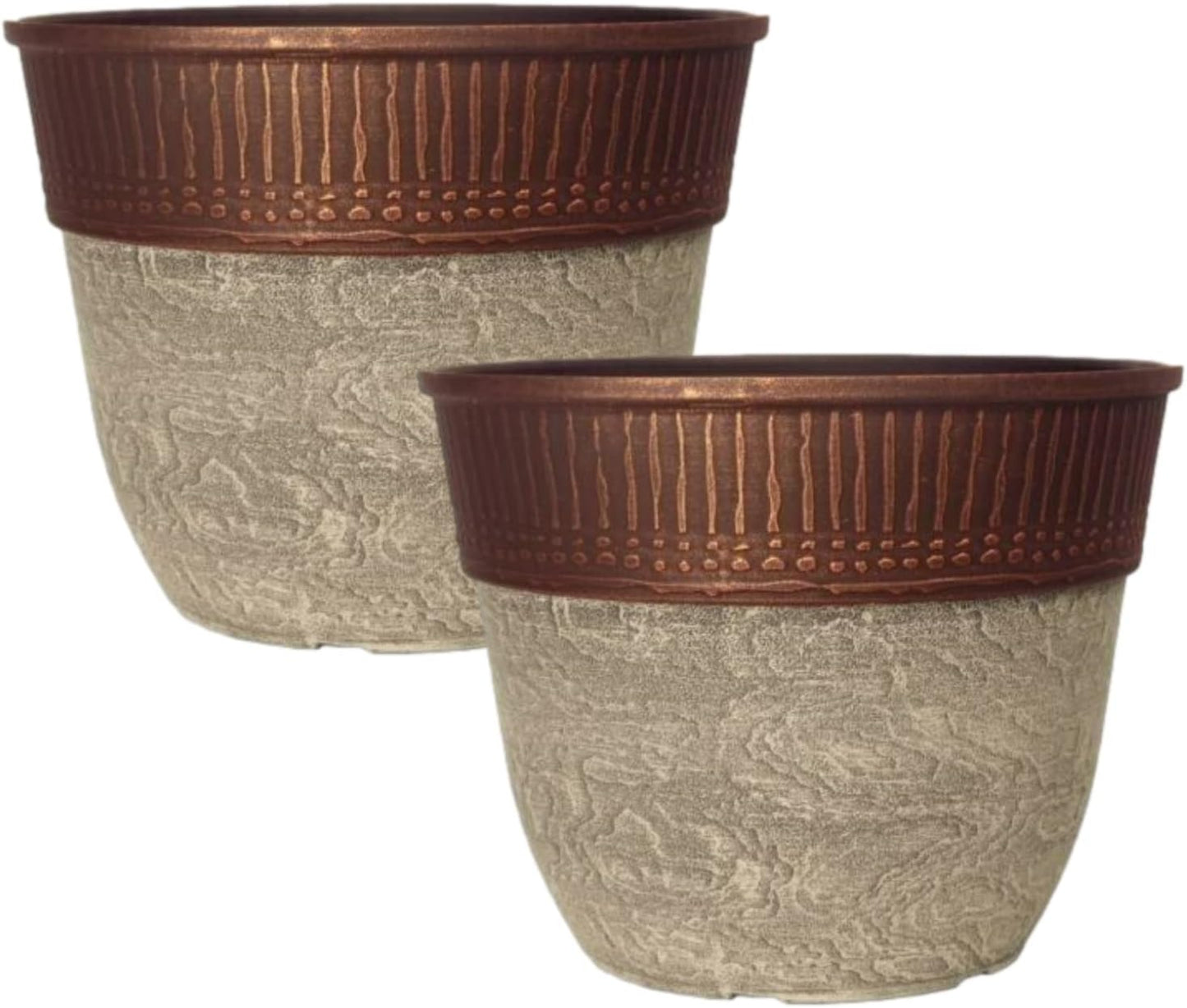 CTI Living Set of 2 Stone Look Copper Rim Plastic Plant Pot 38cm 23L Round Garden Planter with Drainage Hole Weatherproof