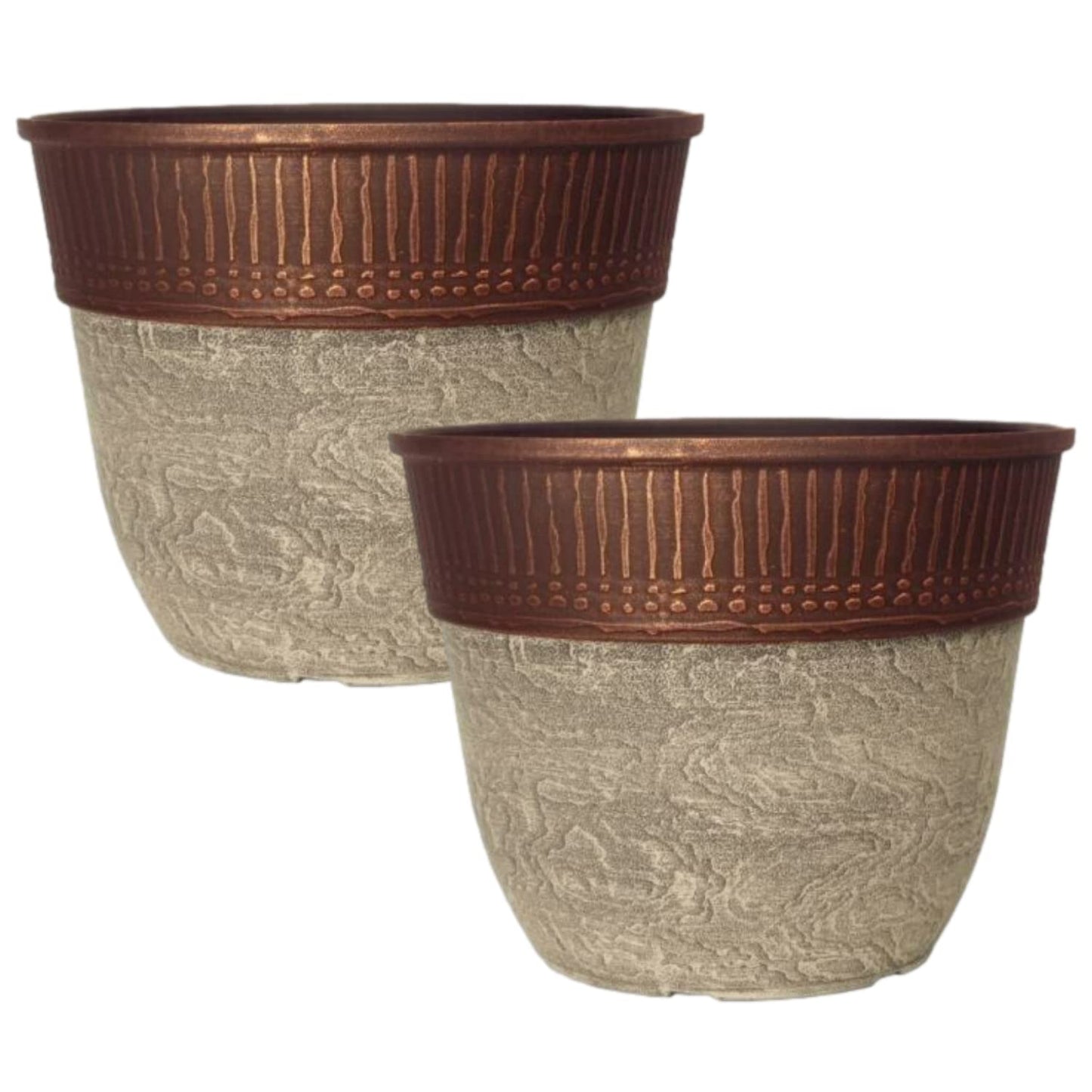 CTI Living Set of 2 Stone Look Copper Rim Plastic Plant Pot 38cm 23L Round Garden Planter with Drainage Hole Weatherproof