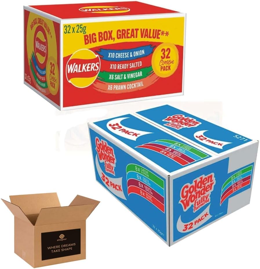 Golden Wonder Fully Flavoured Blue Box & Walkers Big Red Box – 32 Packs of Cheese & Onion, Salt & Vinegar, and Smoky Bacon (25g Each) – Total 64 Individual Bags