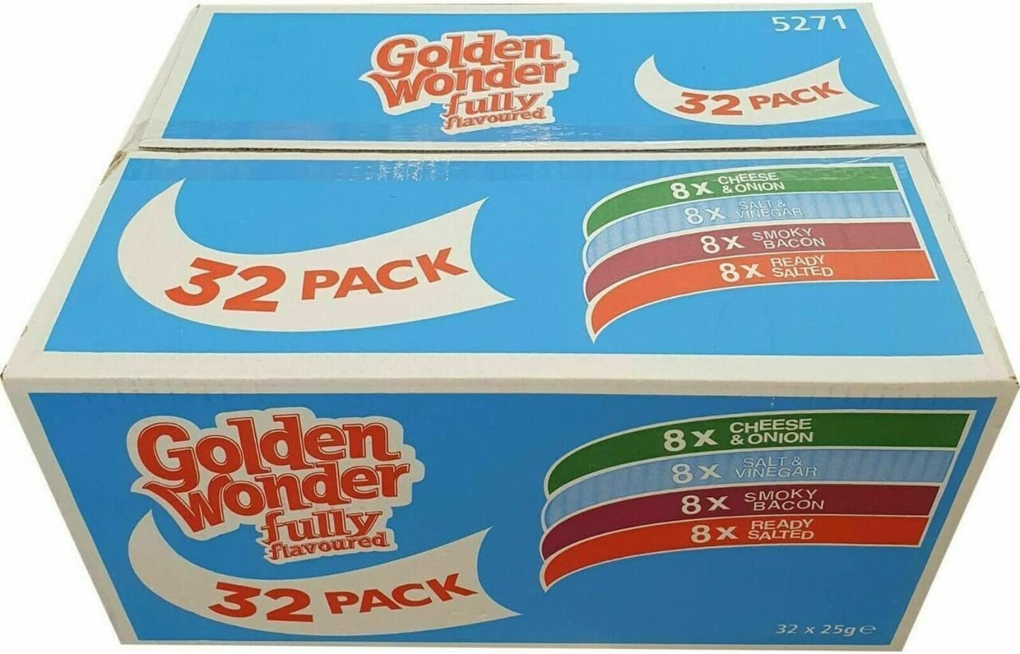 Golden Wonder Fully Flavoured Blue Box & Walkers Big Red Box – 32 Packs of Cheese & Onion, Salt & Vinegar, and Smoky Bacon (25g Each) – Total 64 Individual Bags