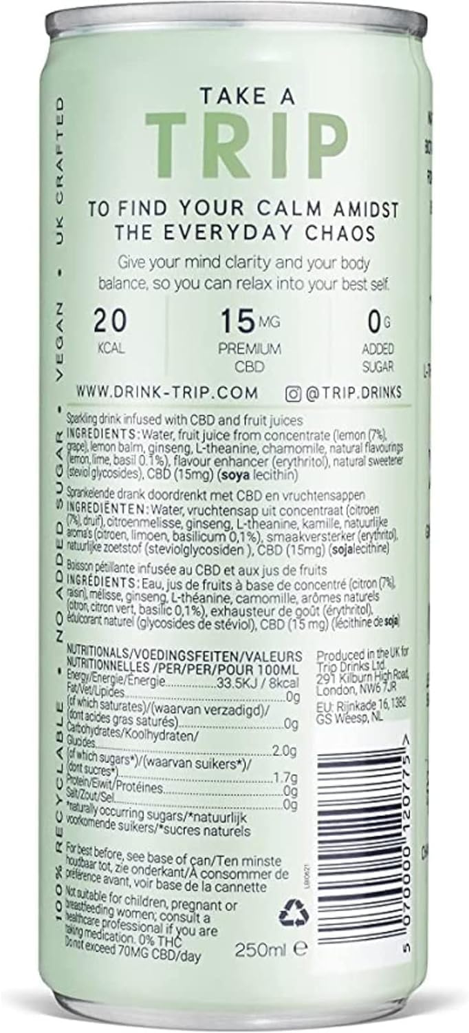 TRIP CBD Drink, Sparkling Lemon Basil Fizzy Drink, Low Calorie, Vegan (Pack of 24 x 250ml)