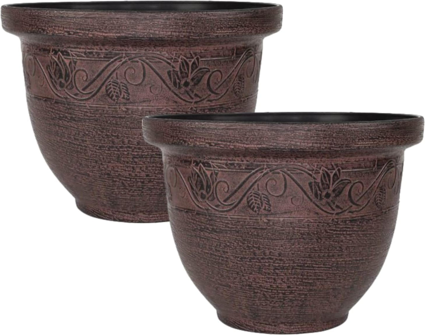 CTI Living Set of 2 Round 30cm 12 Inch Garden Plant Pot Brown Rustic Flower Outdoor Bell Planter Weatherproof Drainage Hole