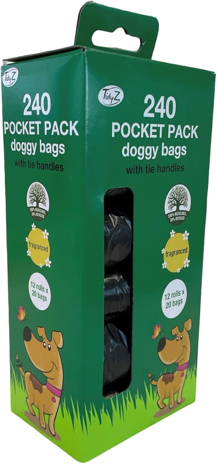 TidyZ 240 DOGGY BAGS WITH TIE HANDLES, POCKET PACK, FRAGRANCED, BLACK (12 rolls of 20 Bags)