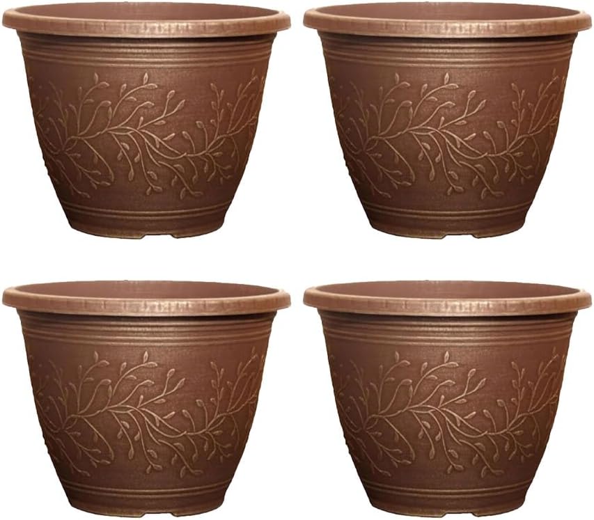Round Linden Garden Plant Pot – Weatherproof Decorative Outdoor & Indoor Flower Planter with Drainage Holes | Durable Plastic Plant Pot for Patio, Balcony, Home & Garden - 28cm (Green-Pack 4, 28cm)