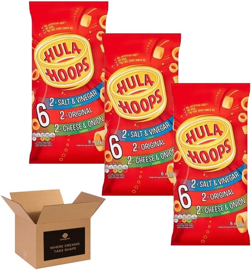 Hula Hoops Crisps Variety | BBQ, Cheese & Onion, Original, Ready Salted, Salt & Vinegar – Classic British Crisps | Flavored Snack Lunchboxes (Pack 3, 2xSalt & Vinegar-2xOriginal-2xCheese & Onion)