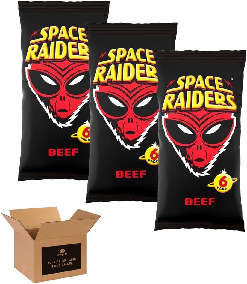 Space Raiders Crisps 6 Pack in 1 Pack – Beef/Onion Classic Retro Crisps Snack Packs for Lunchboxes, School, Work, Picnics & Sharing – Bold Flavour Crunchy Snacks (Pack 3, 6xBeef)