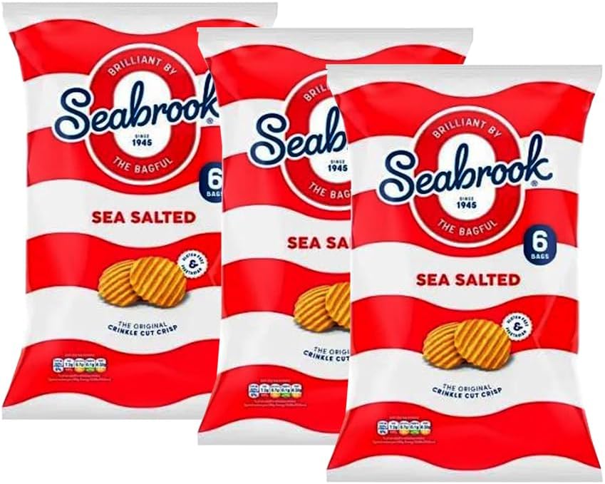 Seabrook Crispy Chips – Original Crinkle Cut Flavoured Crisps, Classic British Snack for Kids and Adults, Lunchbox, Movie Nights, Traveling – 6 Snack Bags (Pack 3, 6xSea Salted)
