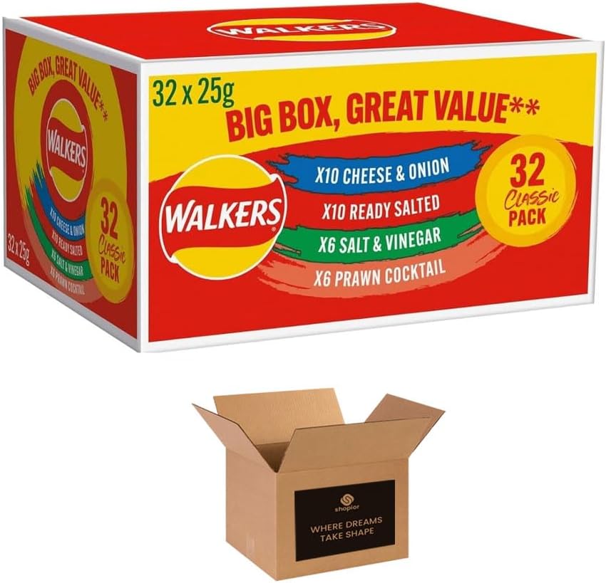 Walkers Classic Variety Crisp Big Box Pack- 4 Different Flavours - Walkers Cheese & Onion, Walkers ReadySalted, Walkers PrawnCockTail, Walkers Salt & Vinegar Gift Pack