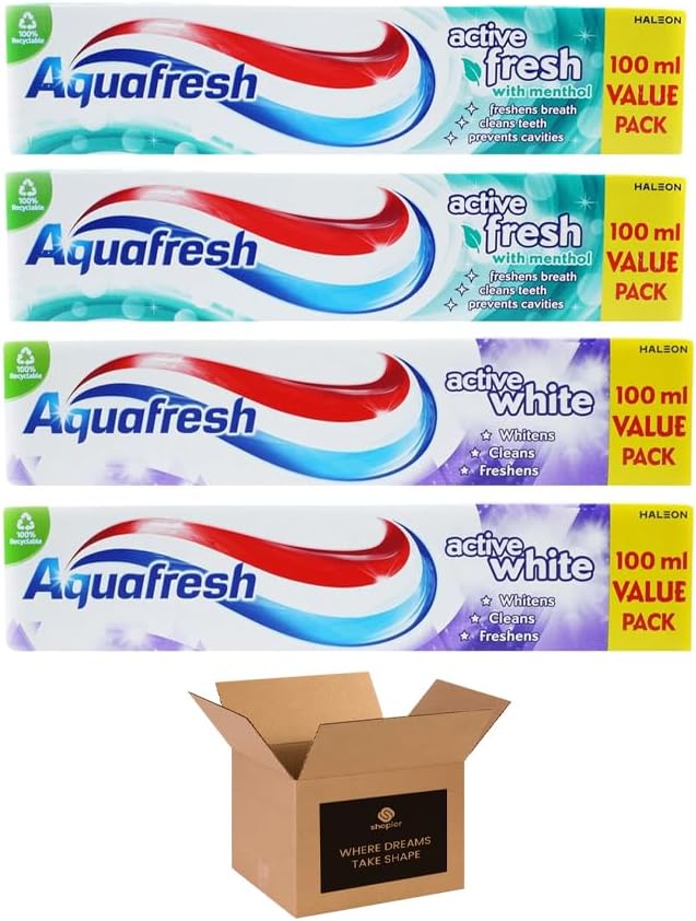 Aquafresh Toothpaste – Whitening & Fresh Breath with Fluoride | Removes Surface Stains, Protects Teeth & Gums – with Hadco Bamboo Toothbrush & Travel Case – (Pack 4, 2-Active Fresh & 2-Active White)