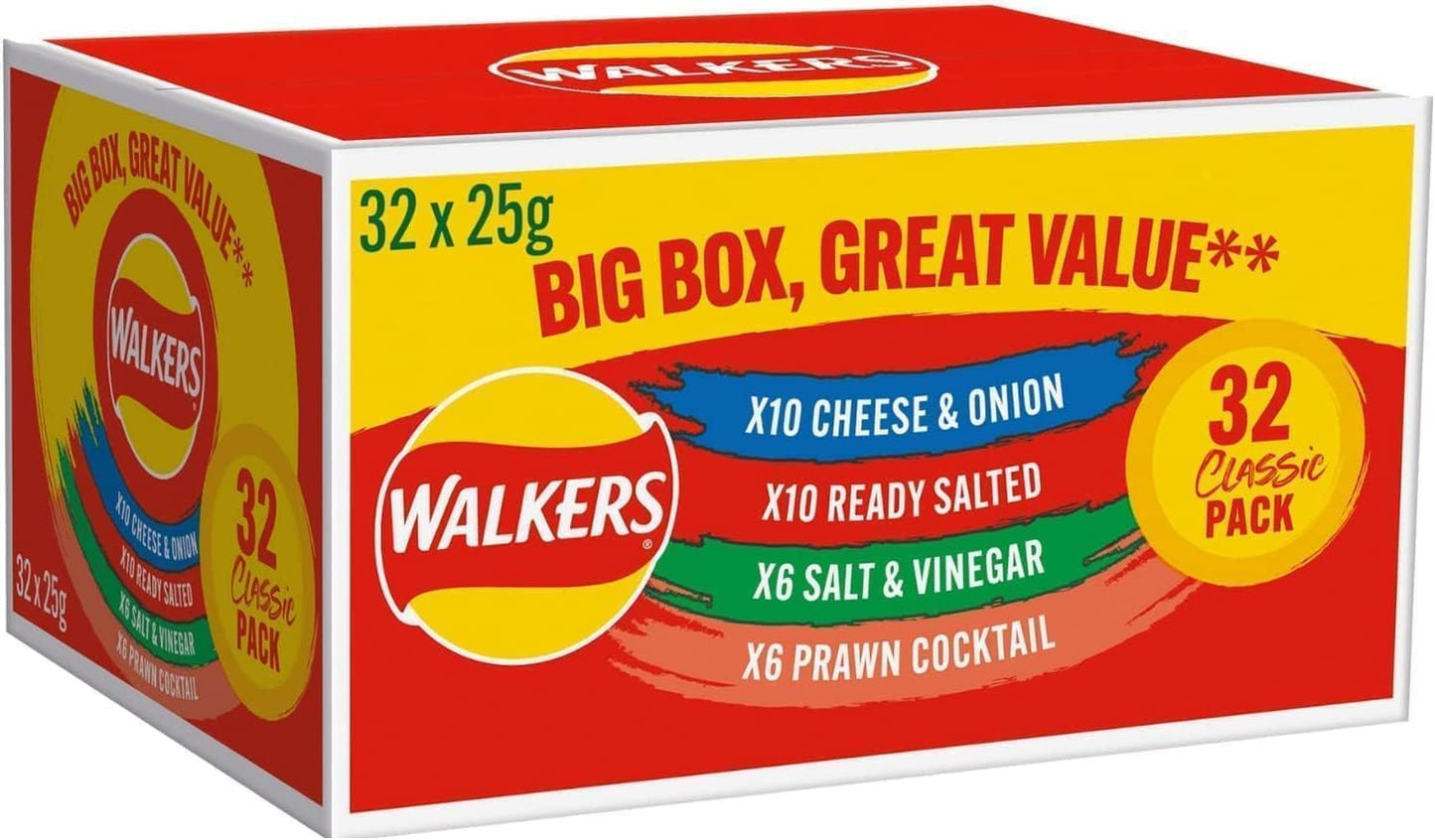 Golden Wonder Fully Flavoured Blue Box & Walkers Big Red Box – 32 Packs of Cheese & Onion, Salt & Vinegar, and Smoky Bacon (25g Each) – Total 64 Individual Bags