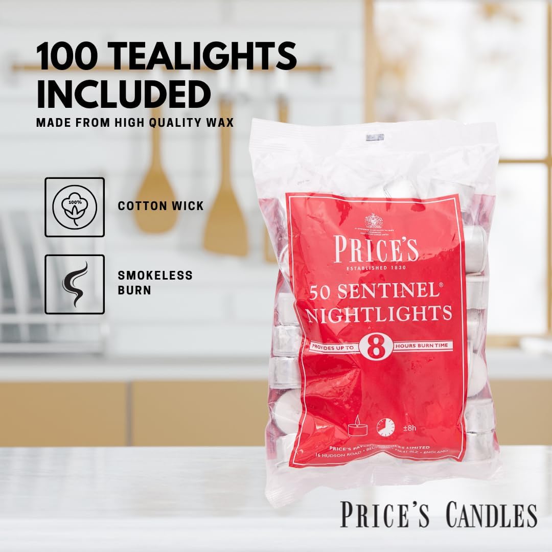 Price's Candles 2 x 50 Pack Sentinel Range 8 Hour Tealights Bags | Perfect Long Burning Tea Lights for Home, Catering or General Use | 100 Standard Size Long Burning Tea Lights