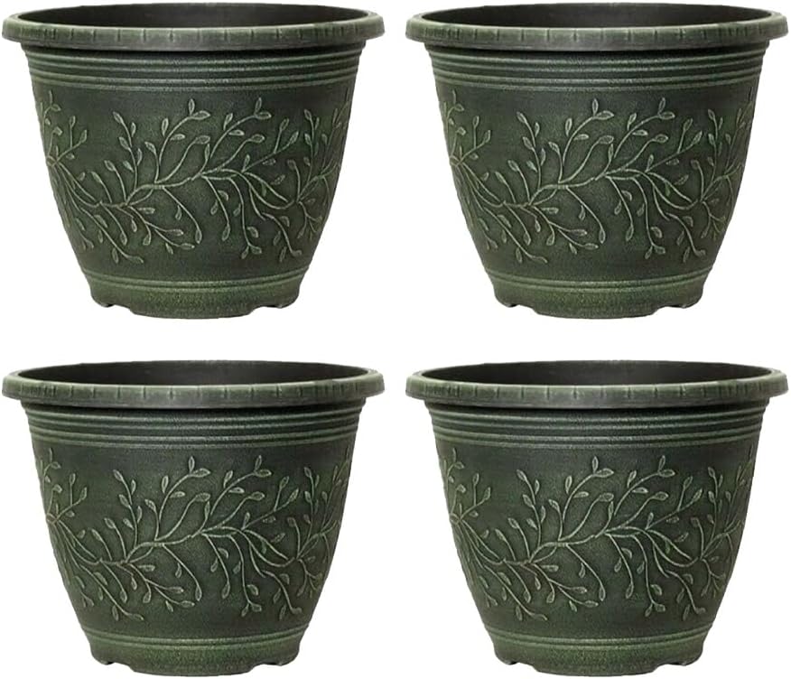 Round Linden Garden Plant Pot – Weatherproof Decorative Outdoor & Indoor Flower Planter with Drainage Holes | Durable Plastic Plant Pot for Patio, Balcony, Home & Garden - 28cm (Green-Pack 4, 28cm)