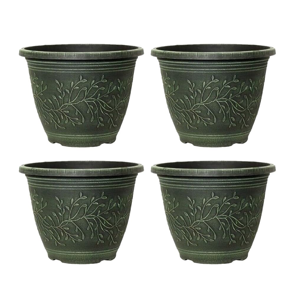 Round Linden Garden Plant Pot – Weatherproof Decorative Outdoor & Indoor Flower Planter with Drainage Holes | Durable Plastic Plant Pot for Patio, Balcony, Home & Garden - 28cm (Green-Pack 4, 28cm)