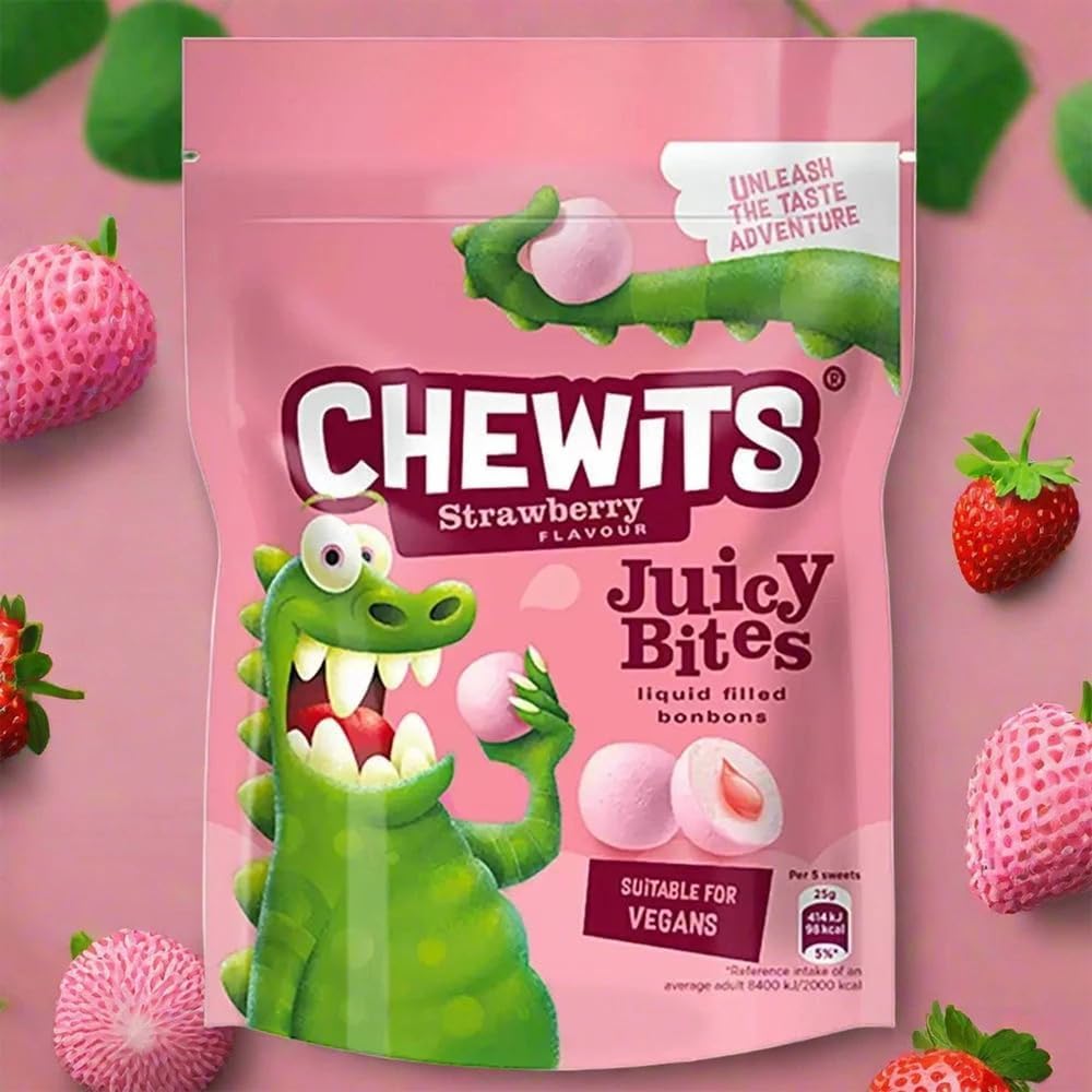 Chewits Juicy Bites 115g | Raspberry, Strawberry, Apple & Lemon Sour Flavoured Chewy Sweets | Real Fruit Juice, Soft Chews for Kids & Adults (Chewits Strawberry)
