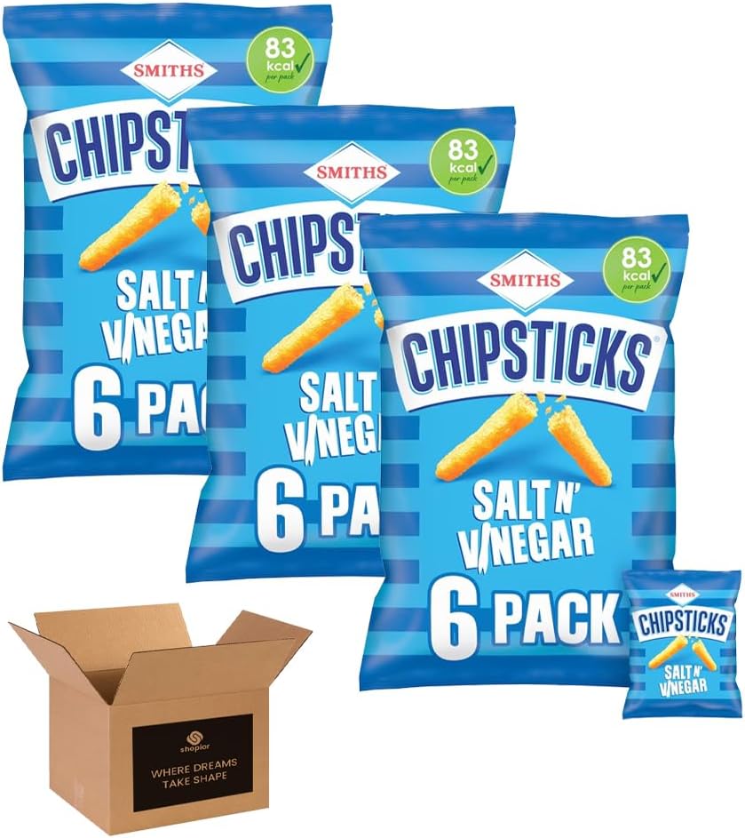Smiths Chipsticks – Light & Crispy Flavoured Corn Snacks | Low Calorie Retro British Savoury Crisps | 6 Snack Bags | Lunchbox Snacks (Pack 3, Salt & Vinegar)