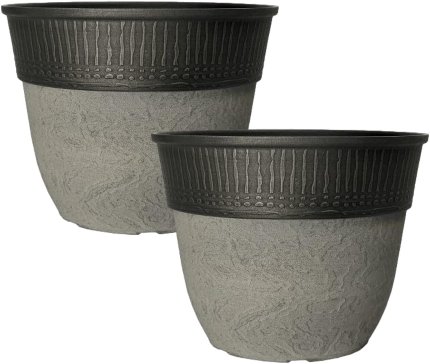 CTI Living Set of 2 Stone Look Copper Rim Plastic Plant Pot 38cm 23L Round Garden Planter Drainage Hole Weatherproof