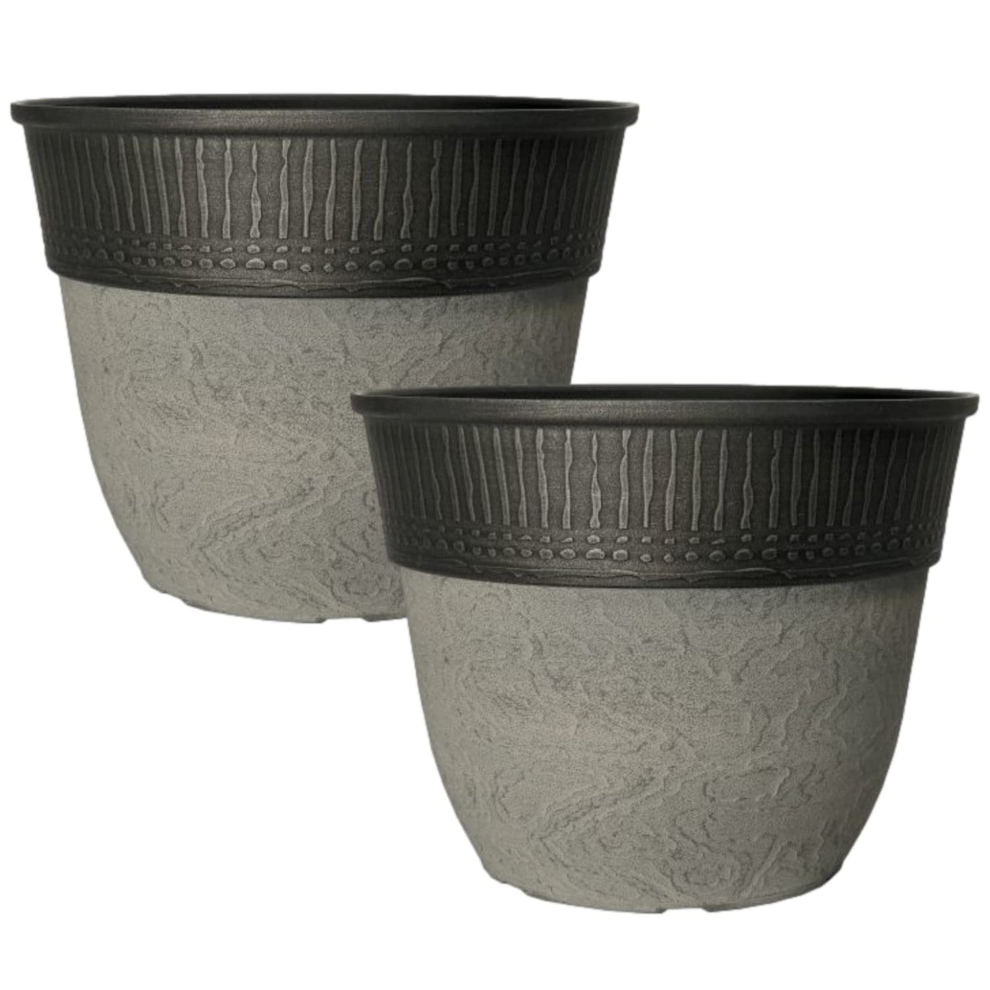CTI Living Set of 2 Stone Look Copper Rim Plastic Plant Pot 38cm 23L Round Garden Planter Drainage Hole Weatherproof