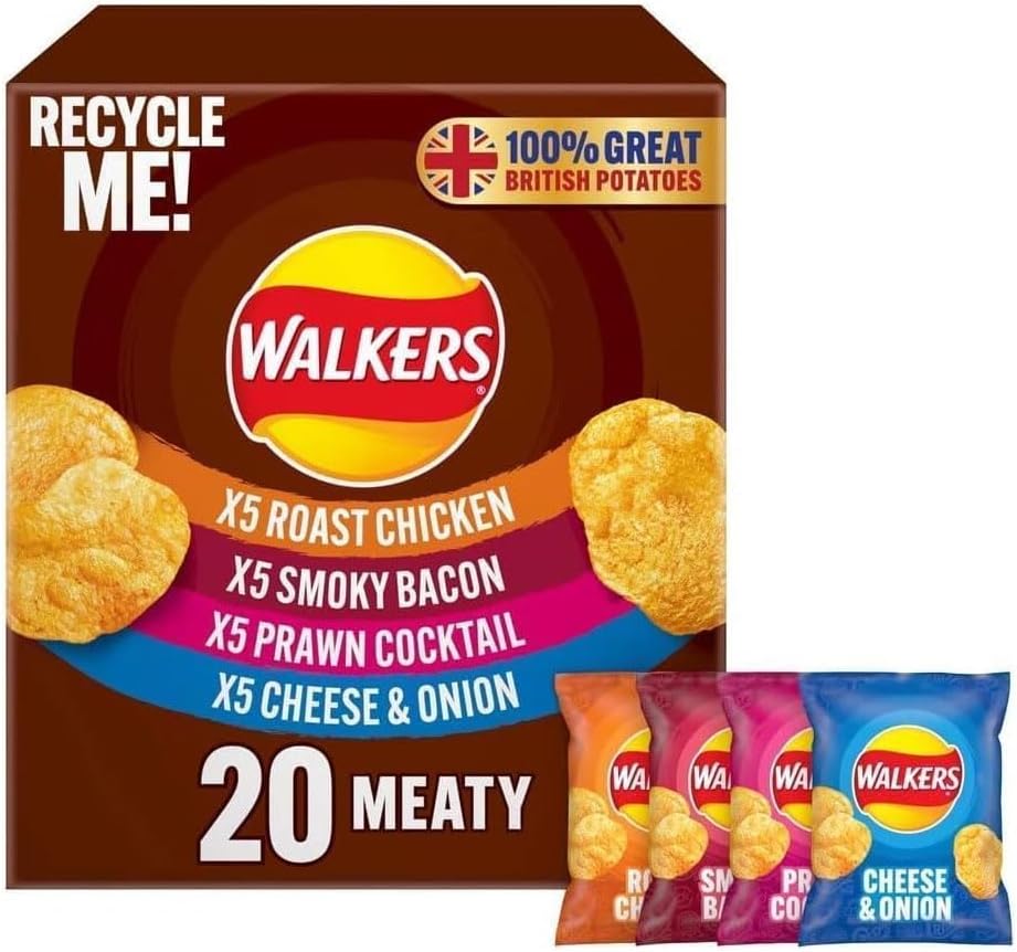 Walkers Variety Multipack Crisp Box – 40x25g | 7 Classic & Meaty Flavors | Lunchbox, Movie Night Snacks, On-the-Go, Party & Sharing Pack for Kids and Adults | Walkers 40 Pack Bulk Buy