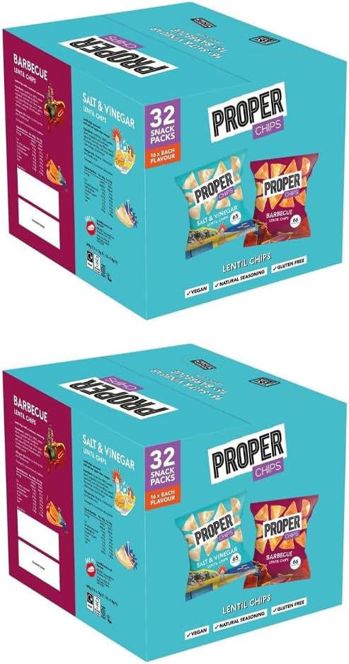 Multipack Lentil Chips – Vegan & Gluten Free Crisps – 32 x 14g Snack Packs (16 Barbecue + 16 Salt & Vinegar In a Single Carton) – Healthy Plant-Based Snack Box – Lunch, Travel & Sharing (2-Box)