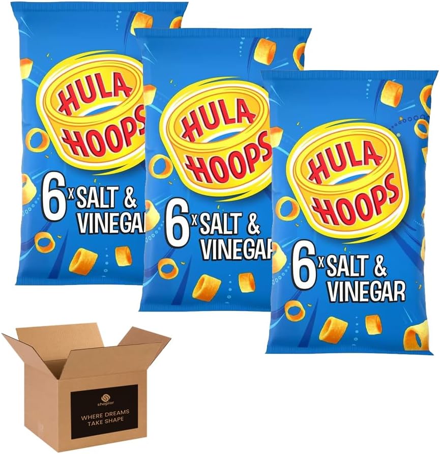 Hula Hoops Crisps Variety | BBQ, Cheese & Onion, Original, Ready Salted, Salt & Vinegar – Classic British Crisps | Flavored Snack Lunchboxes (Pack 3, 2xSalt & Vinegar-2xOriginal-2xCheese & Onion)