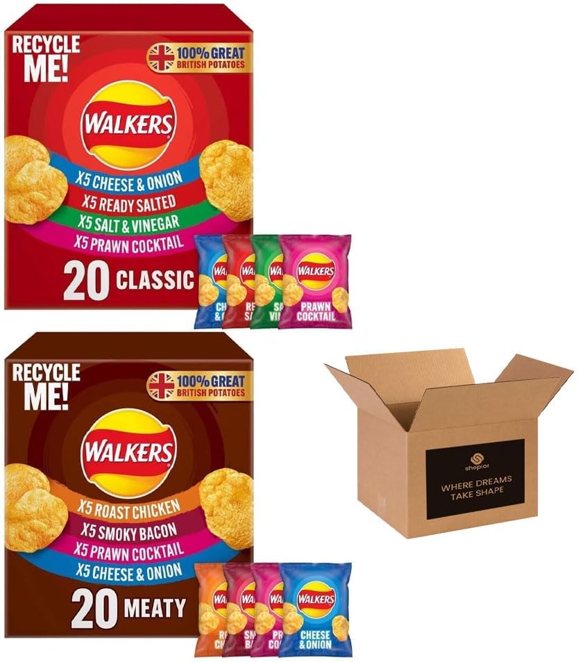 Walkers Variety Multipack Crisp Box – 40x25g | 7 Classic & Meaty Flavors | Lunchbox, Movie Night Snacks, On-the-Go, Party & Sharing Pack for Kids and Adults | Walkers 40 Pack Bulk Buy