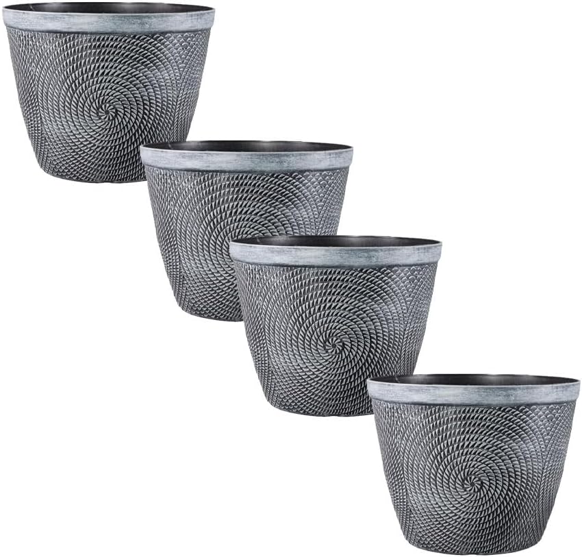 shopior Round Grey Plastic Plant Pot with Spiral Glossy Effect – Outdoor & Indoor Planter with Drainage Holes | Frost Proof Garden Flower Pot – Decorative Modern Patio Plant Container (23cm-Pack 2)