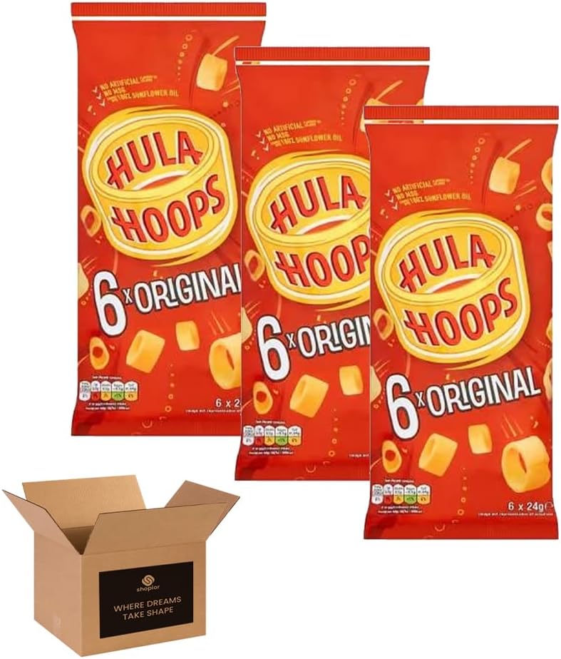 Hula Hoops Crisps Variety | BBQ, Cheese & Onion, Original, Ready Salted, Salt & Vinegar – Classic British Crisps | Flavored Snack Lunchboxes (Pack 3, 2xSalt & Vinegar-2xOriginal-2xCheese & Onion)