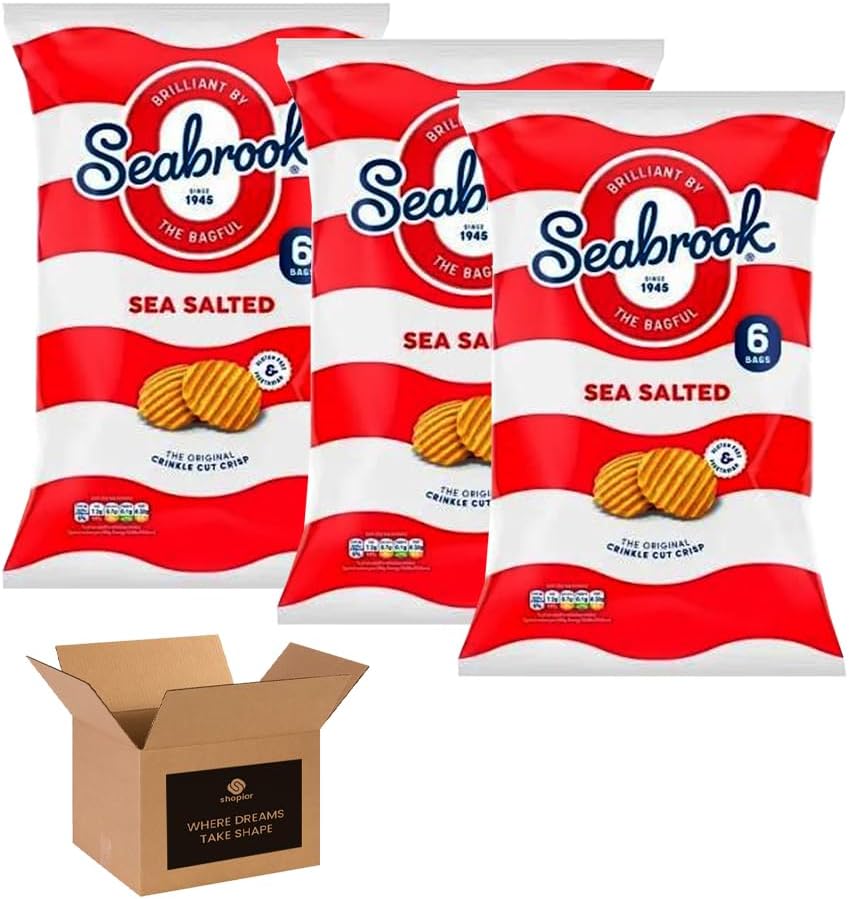 Seabrook Crispy Chips – Original Crinkle Cut Flavoured Crisps, Classic British Snack for Kids and Adults, Lunchbox, Movie Nights, Traveling – 6 Snack Bags (Pack 3, 6xSea Salted)