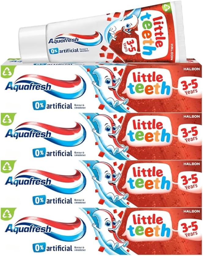Aquafresh Little Teeth Kids Toothpaste Ages 3–5 Years | Gentle Fluoride Protection for Children’s Teeth | Mild Fruity Flavour Toothpaste for Toddlers with Fun 3D Puffy Sticker Sheet | (4 x 50ml) (4)