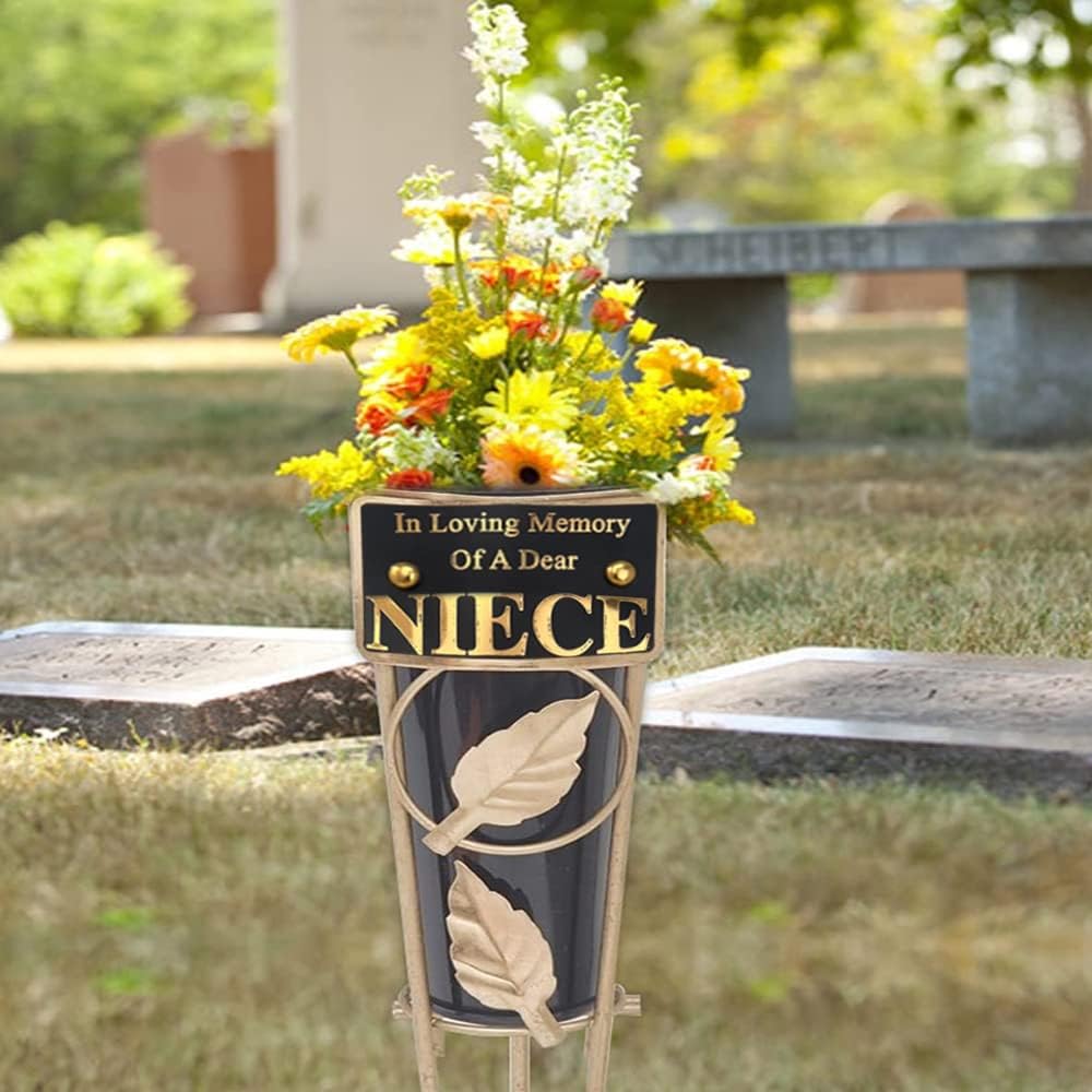 Grave Vases with Spike Grave Ornaments - Memorial Plaques/Black Vases Flower Holders with Personalised Quotes; Metal Spikes Grave Decorations in Loving Memory of your Loved Ones (Niece)