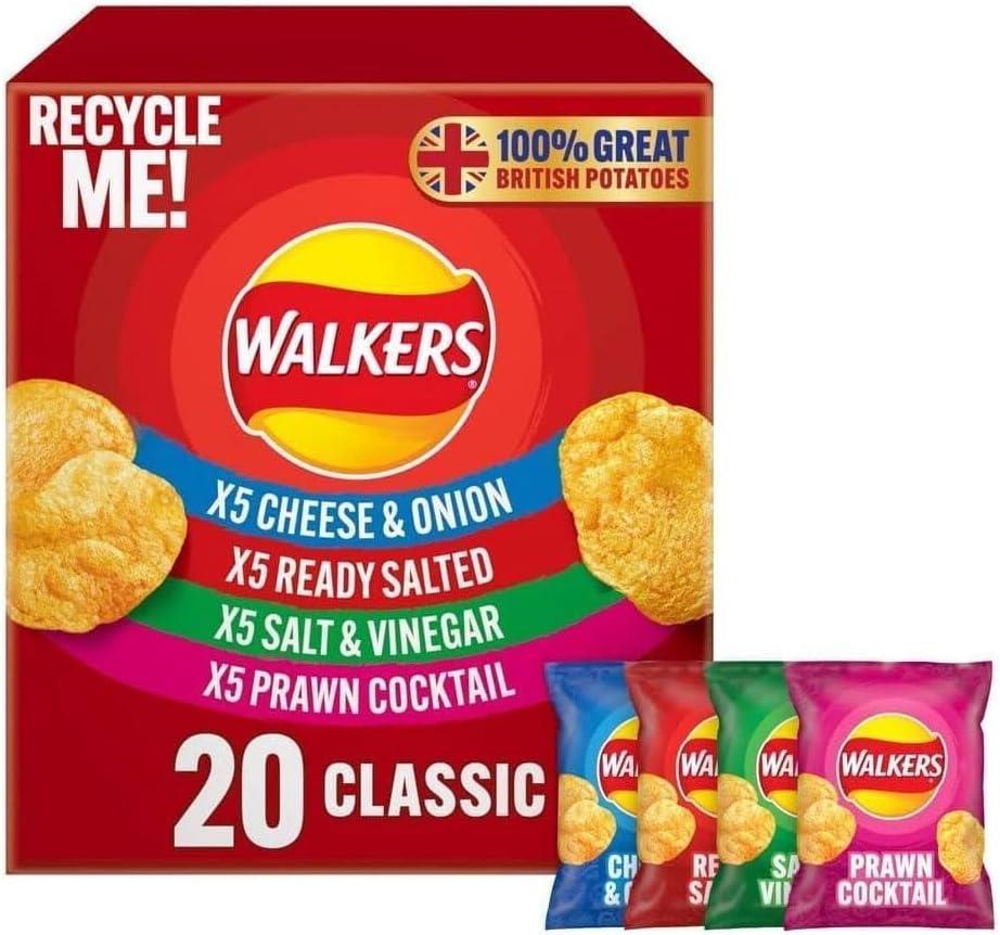 Walkers Variety Multipack Crisp Box – 40x25g | 7 Classic & Meaty Flavors | Lunchbox, Movie Night Snacks, On-the-Go, Party & Sharing Pack for Kids and Adults | Walkers 40 Pack Bulk Buy