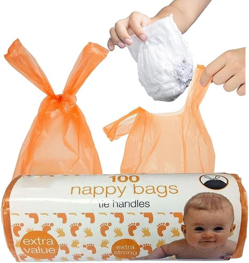 Scented Diaper Bags – Disposable Nappy Sacks with Handles – Odor Control & Leak-Proof Baby Diaper Disposal – Easy Tie Waste Bags for Home, Travel, Pets for Car, Nursery (Pack of 1 (100))