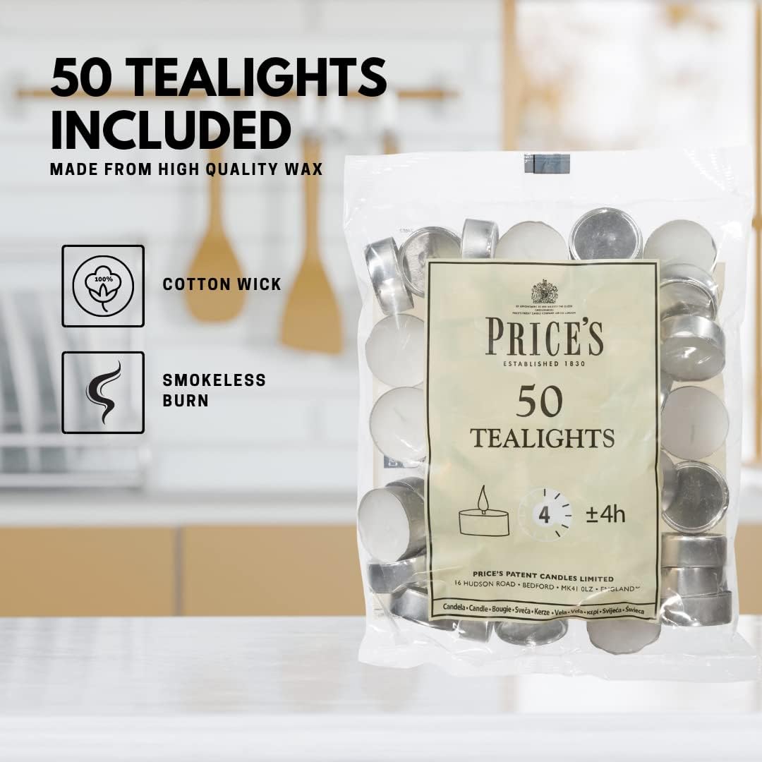 Prices Patent Candles White Tealights Bag, Pack of 50, Wax, l x 3.8cm w x 1.8cm h, Unscented