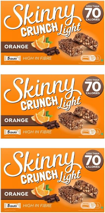 5 × Skinny Crunch Snack Bars – Less Than 90 Calories | High Fibre Cereal Bars Milk Chocolate Flavoured Coating | Snacks for Kids and Adults | Sweet Treat Gifts (Pack 3(15-Bars), Orange)