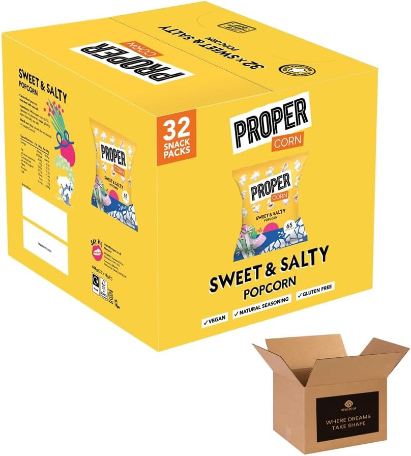 Sweet & Salty Popcorn – Gluten-Free Vegetarian Snack with Natural Sea Salt & Demerara Sugar Seasoning – Low Calorie 138 kcal per Portion – Sharing Bags & Multipacks – Box of 32 Packs