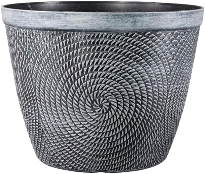 shopior Round Grey Plastic Plant Pot with Spiral Glossy Effect – Outdoor & Indoor Planter with Drainage Holes | Frost Proof Garden Flower Pot – Decorative Modern Patio Plant Container (23cm-Pack 2)